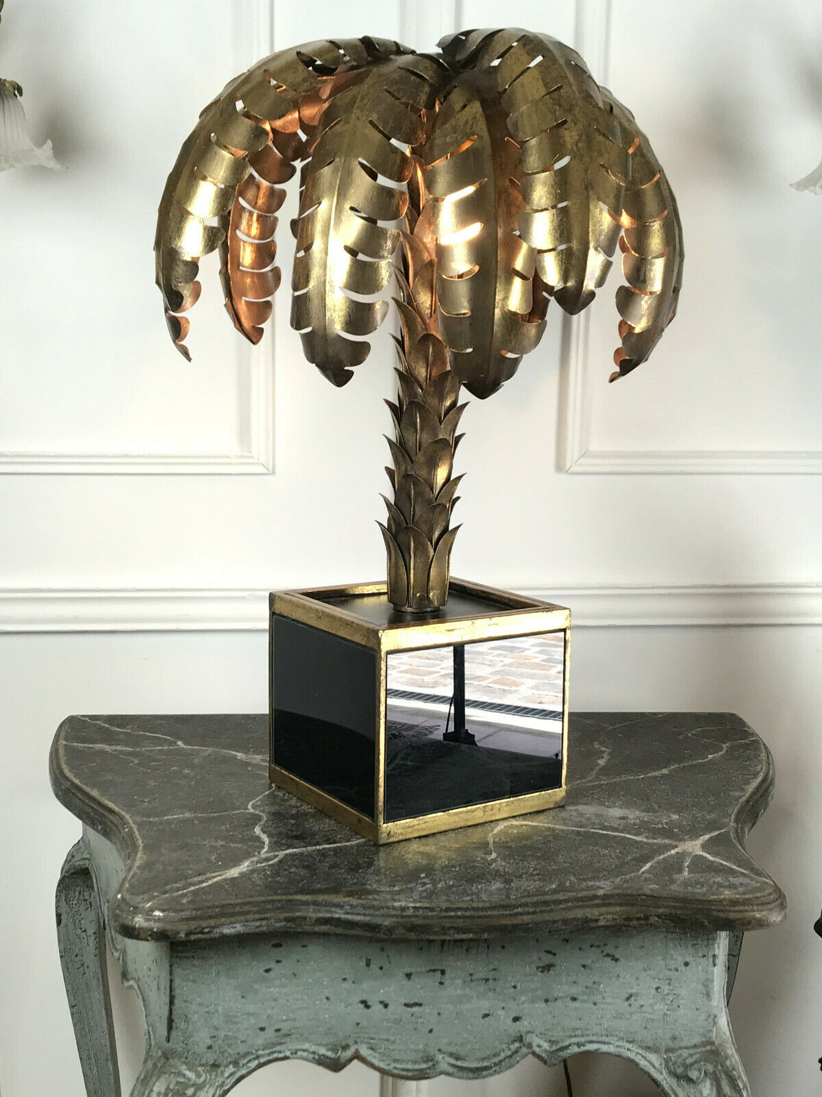 Palm tree table lamp in gilded metal and base in glass plates style year 70