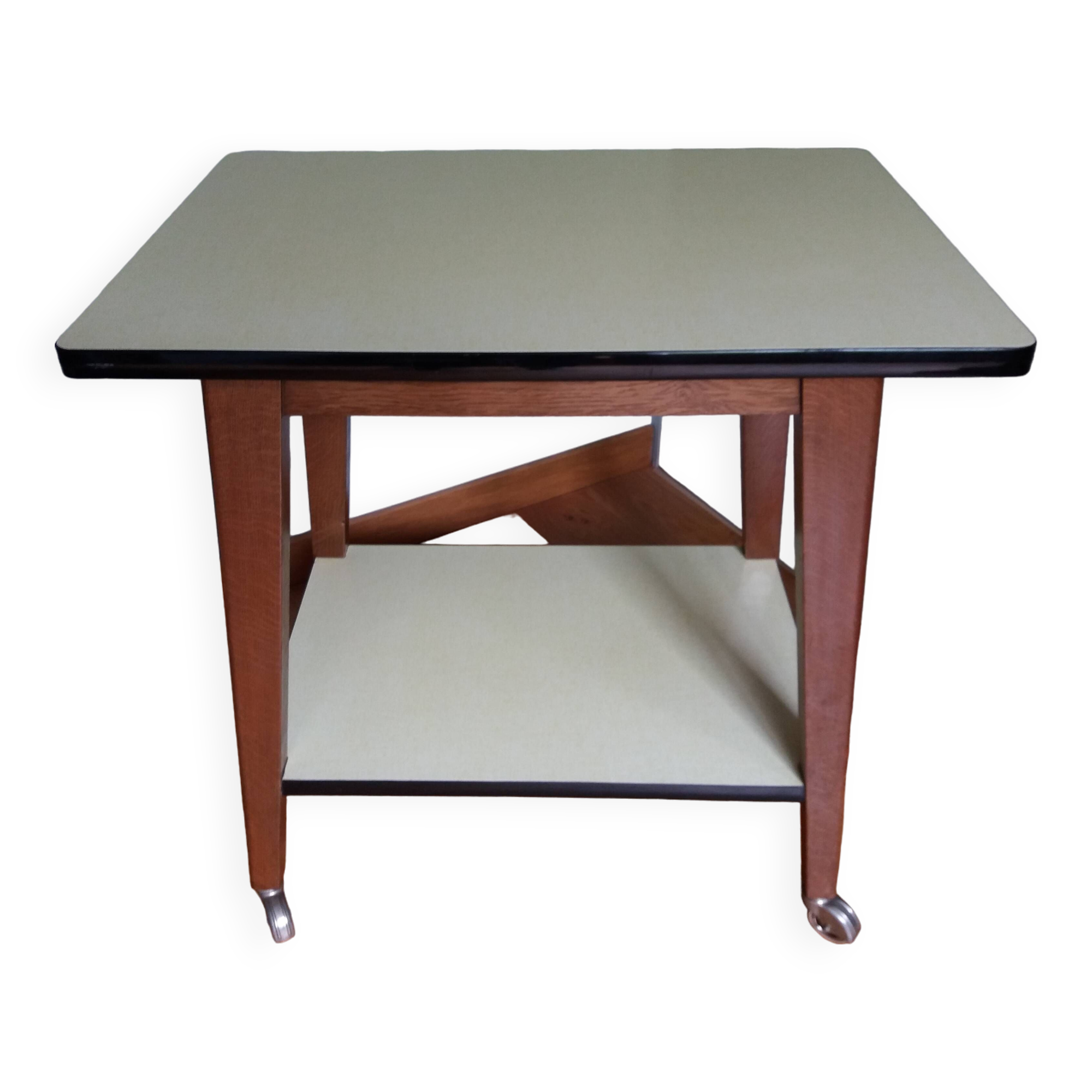Formica and wood dessert table on wheels