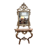 Console de château galbée et miroir style Louis XV en bois doré et argenté