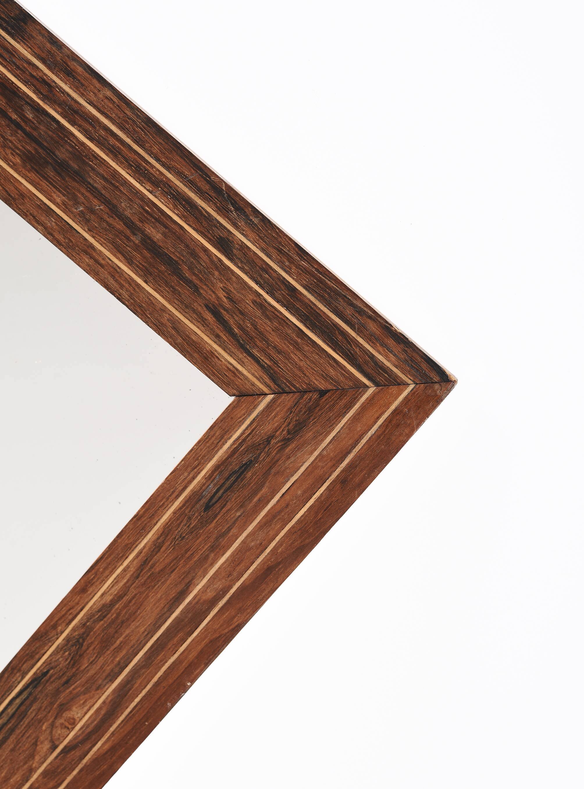 Old rectangular wooden mirror, frame decorated with edges