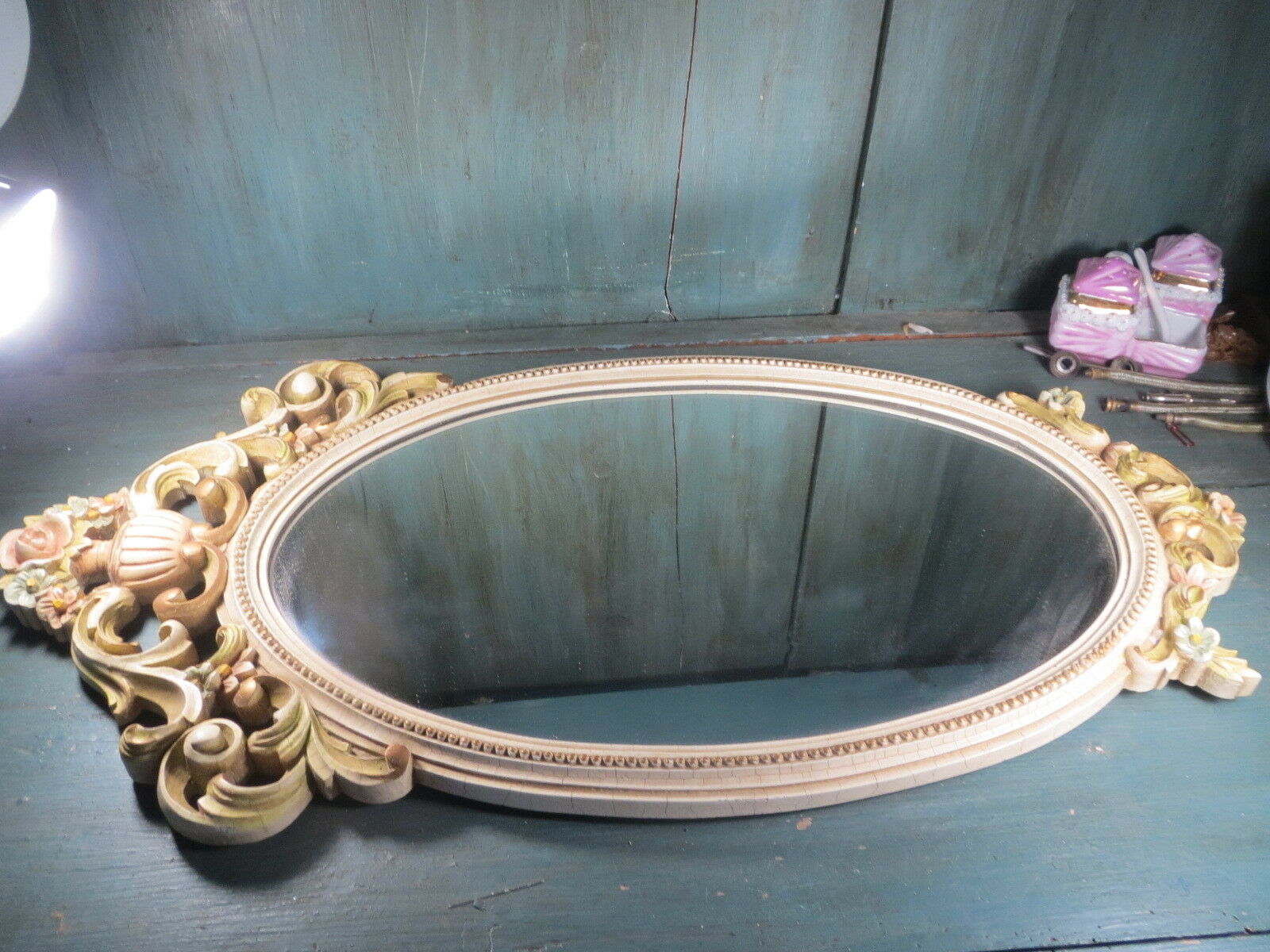 Mirror ice resin glass patina flower louis 15 cracked vintage 71x35cm