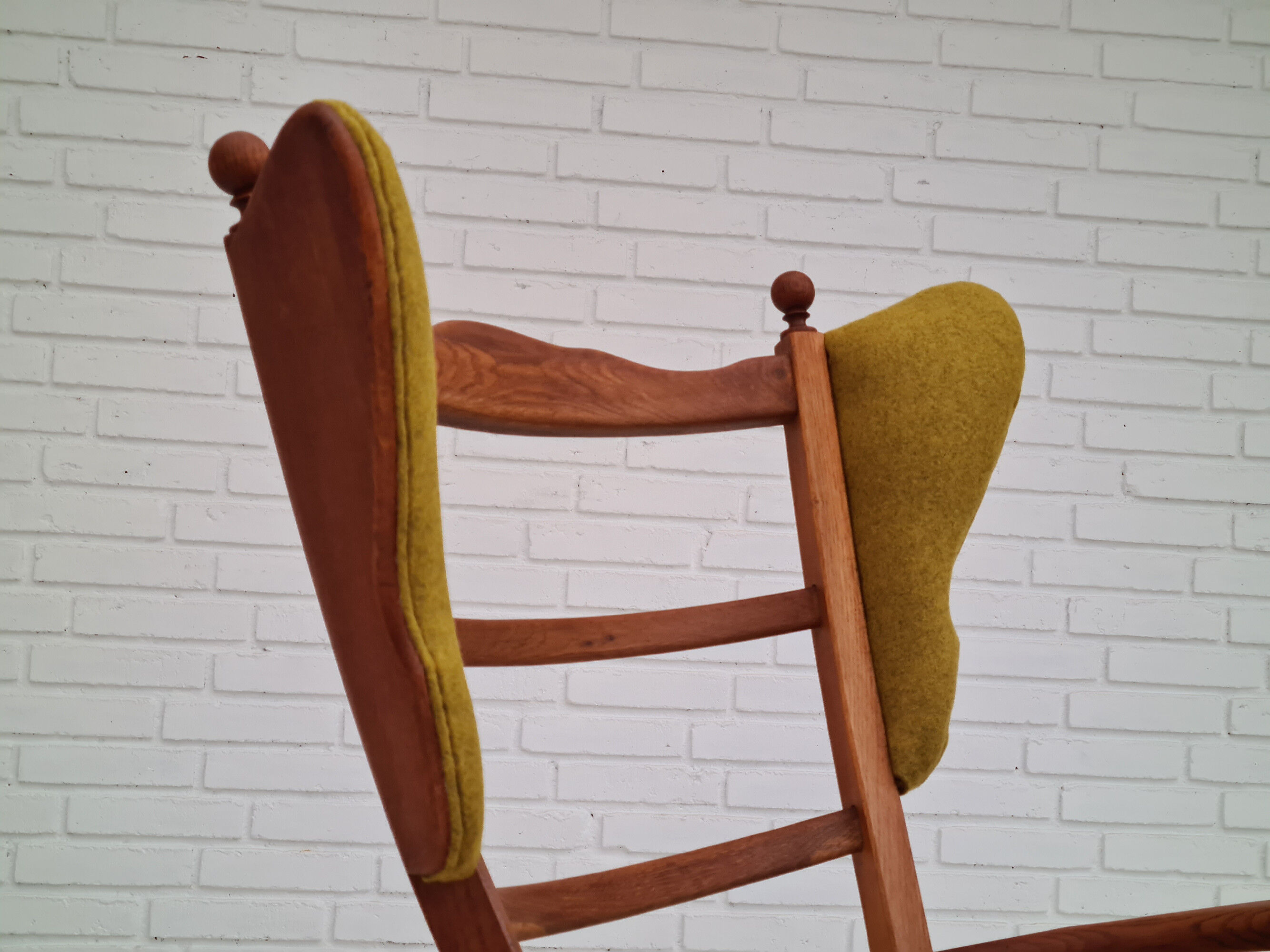 Danish high-backed ear flap chair, 1960s, reupholstered, solid oak, furniture wool