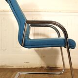 Cantilever chair with chrome metal armrests & blue wool