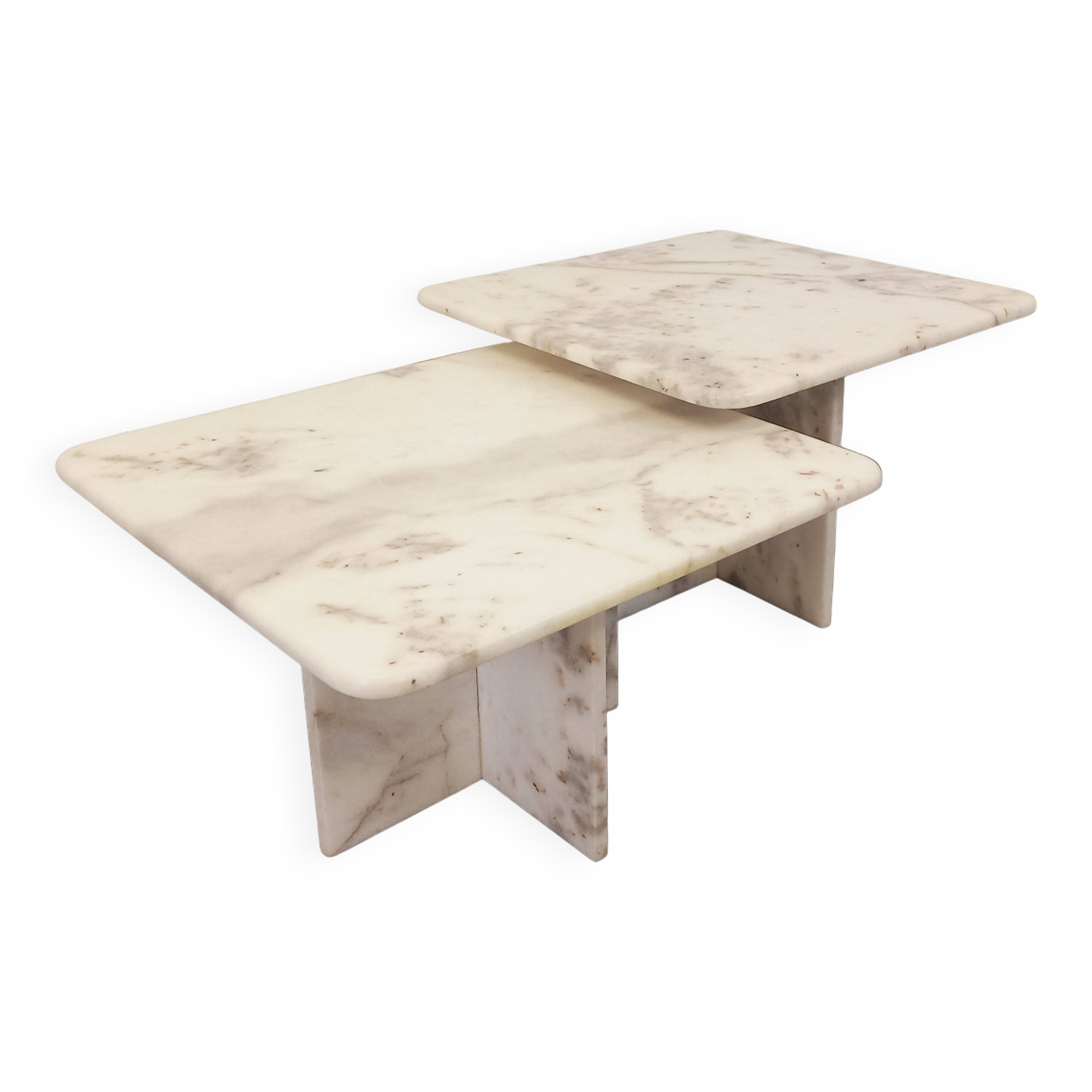 Pair of vintage nesting coffee tables in white marble from the 1970s.