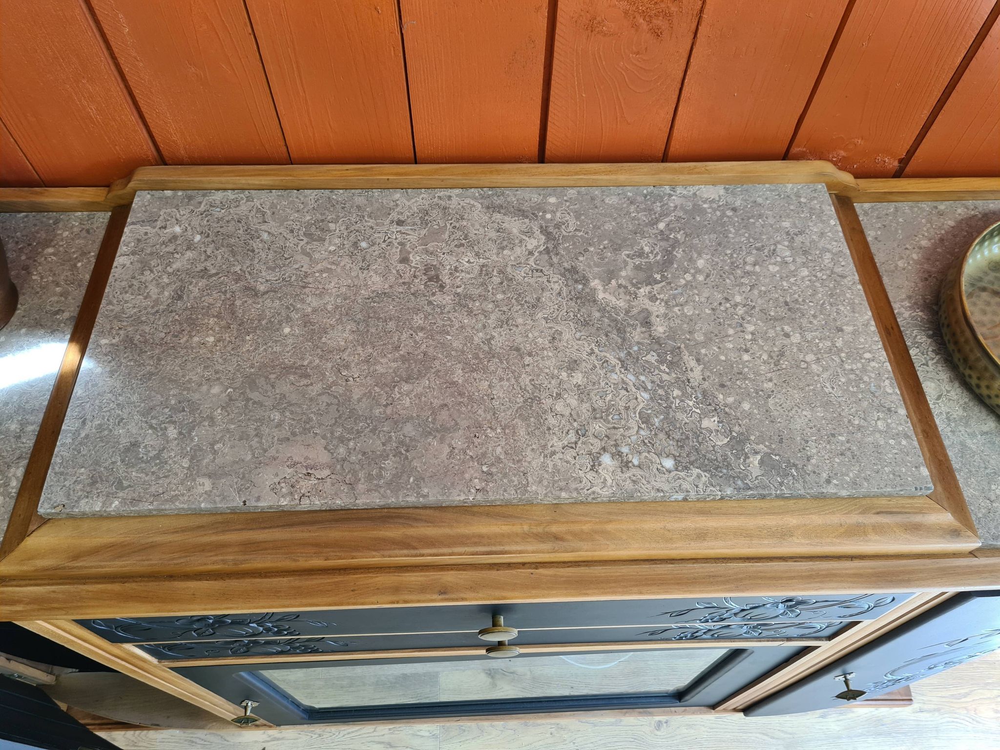 Renovated art deco walnut sideboard with beveled glass door and marble tops