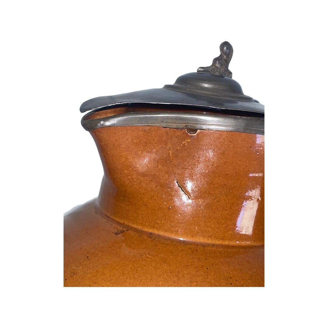 Old brown and beige Langley Mill 19th century pitcher with its pewter lid