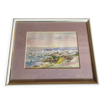 Watercolour on Paper JEAN MOREL Seaside View + Vintage White Wooden Frame