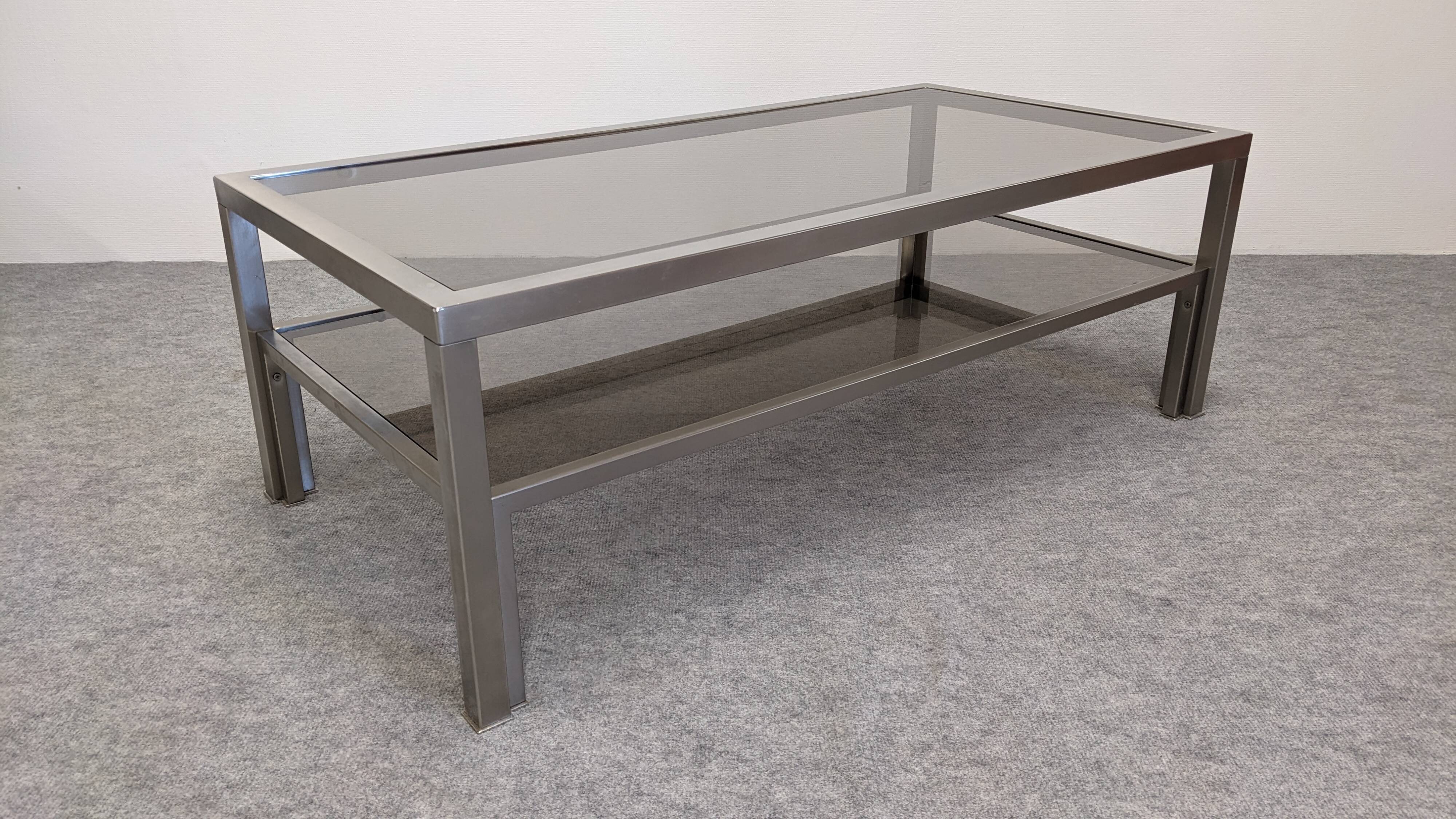 Table basse à 2 plateaux en inox brossé et verre fumé, France vers 1970