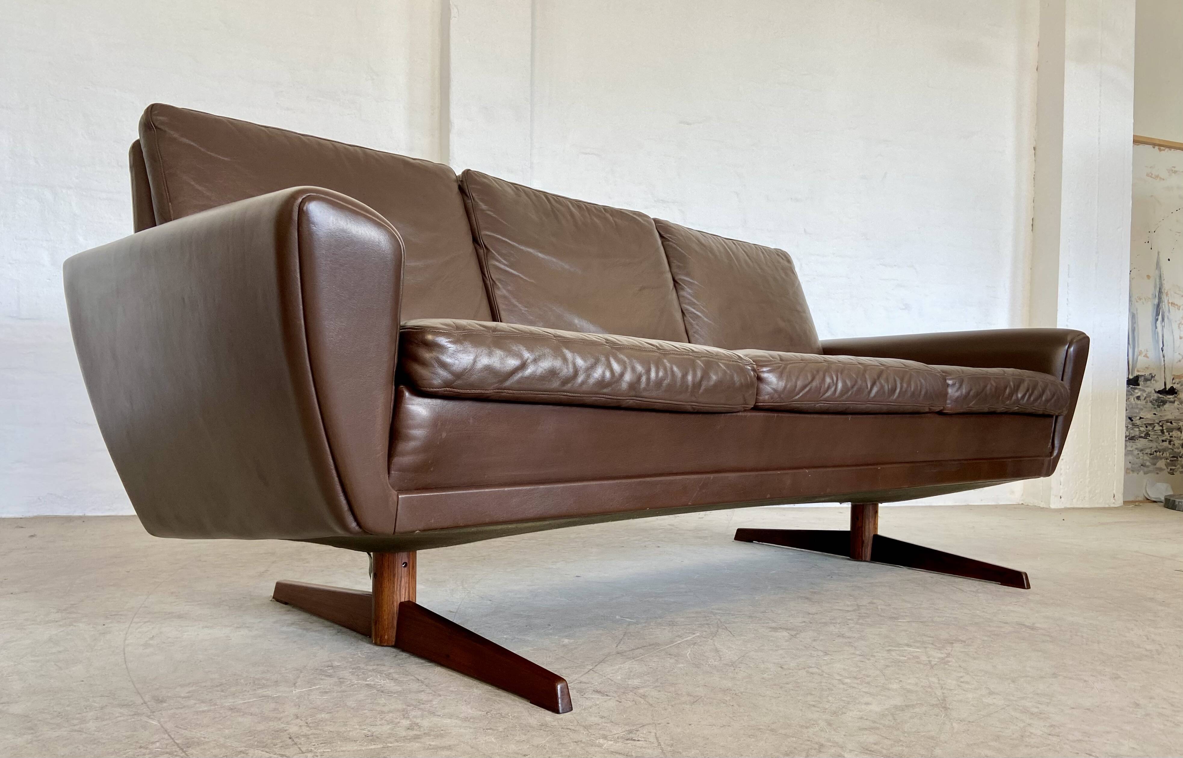 Vintage retro danish mid-century g. thams 3 person sofa in brown leather