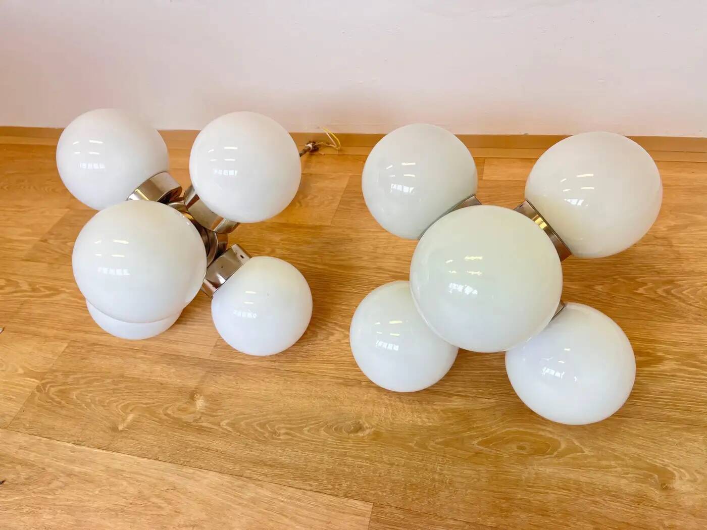 Pair of space age chrome & milk glass Sputniks - Czechoslovakia / 1970s