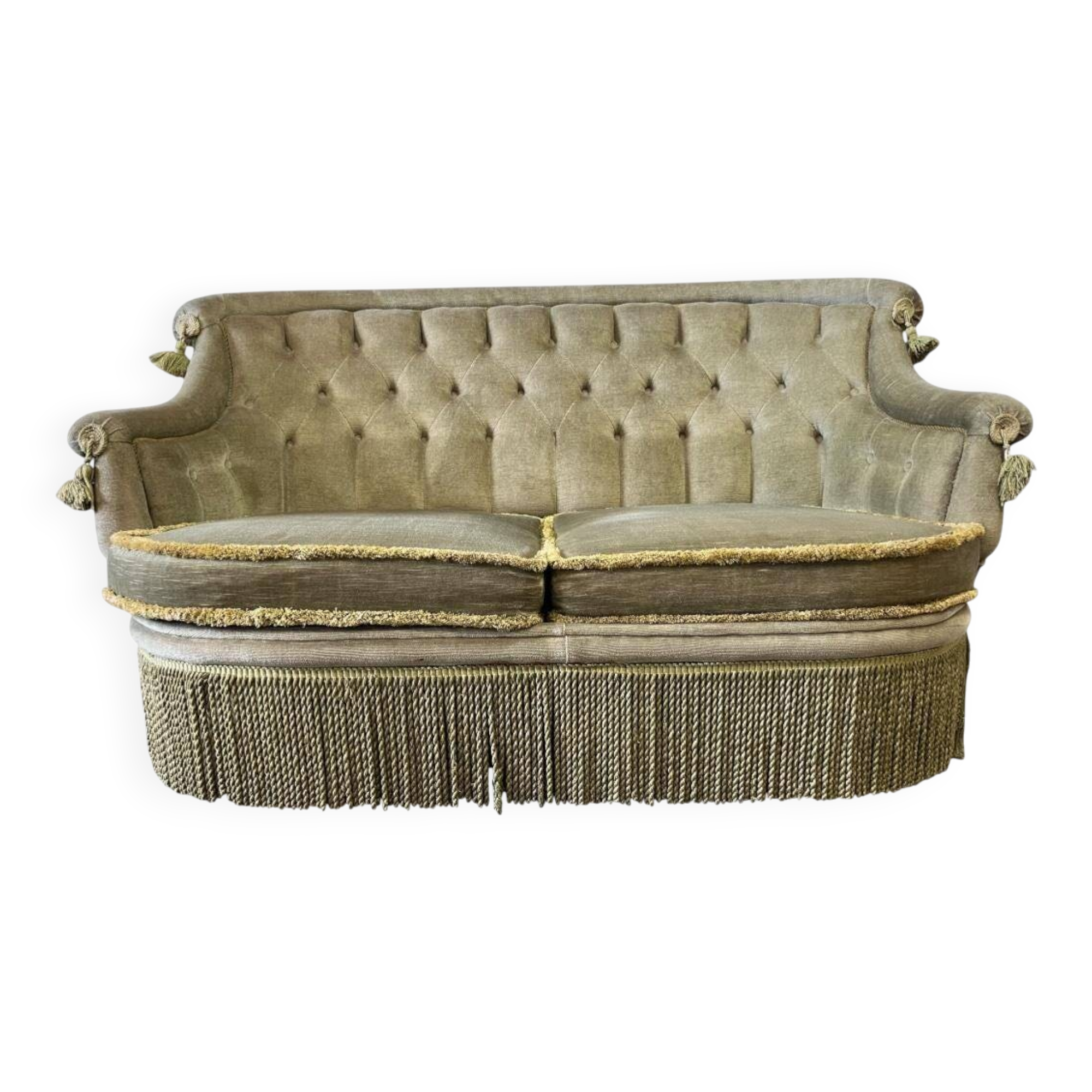 Vintage green two-seater sofa with fringes