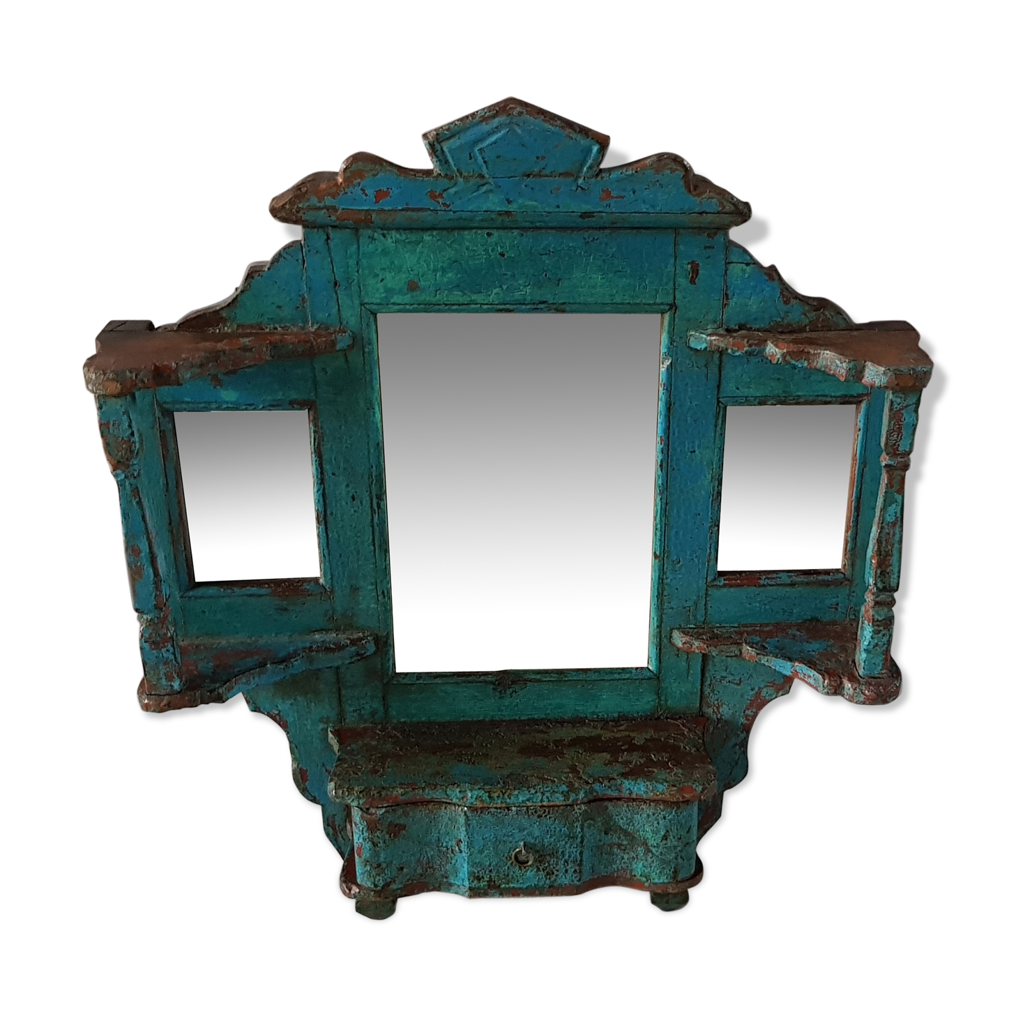 Old mirror-wall shelf in teak