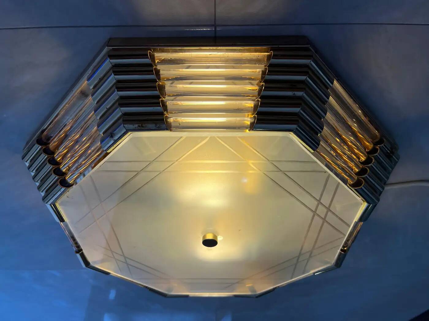 Midcentury brass/glass ceiling lamp/flush mount or wall lamp, 1960s