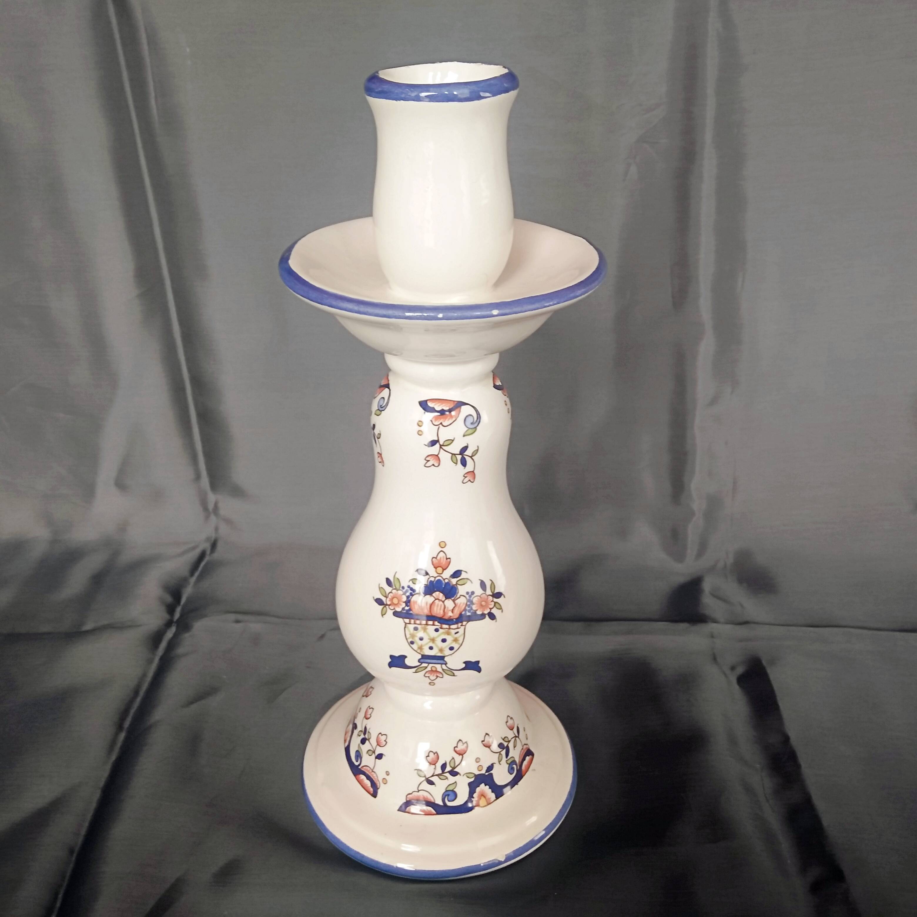 Old Rouen style earthenware candle holder decorated with flower basket 25 cm