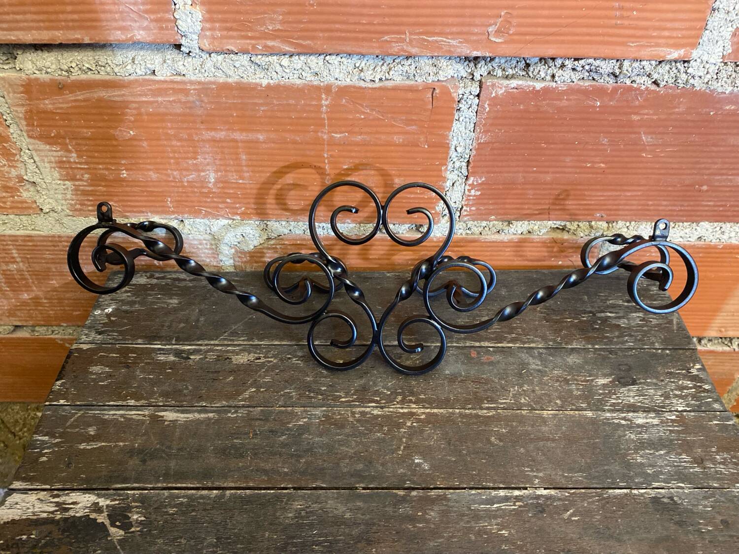 Vintage Wall Coat Rack with 4 Black Wrought Iron Heart-Shaped Hooks