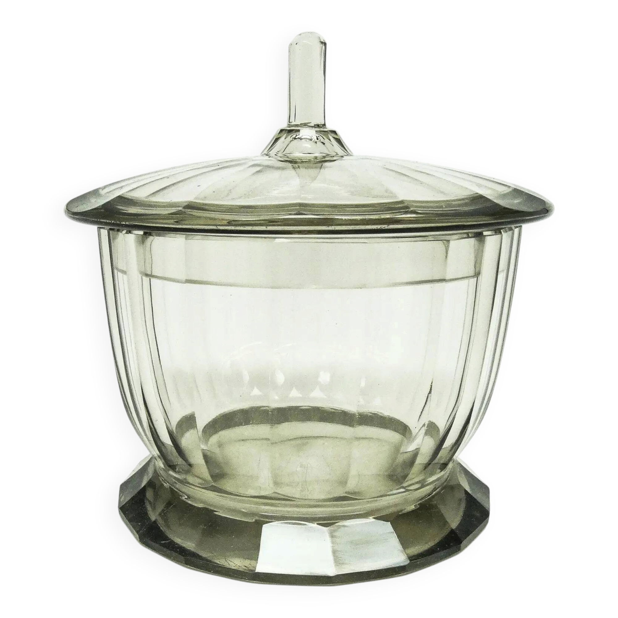 Bonbonnière Art Déco, cristal olive, Bohême, République tchèque, années 1930