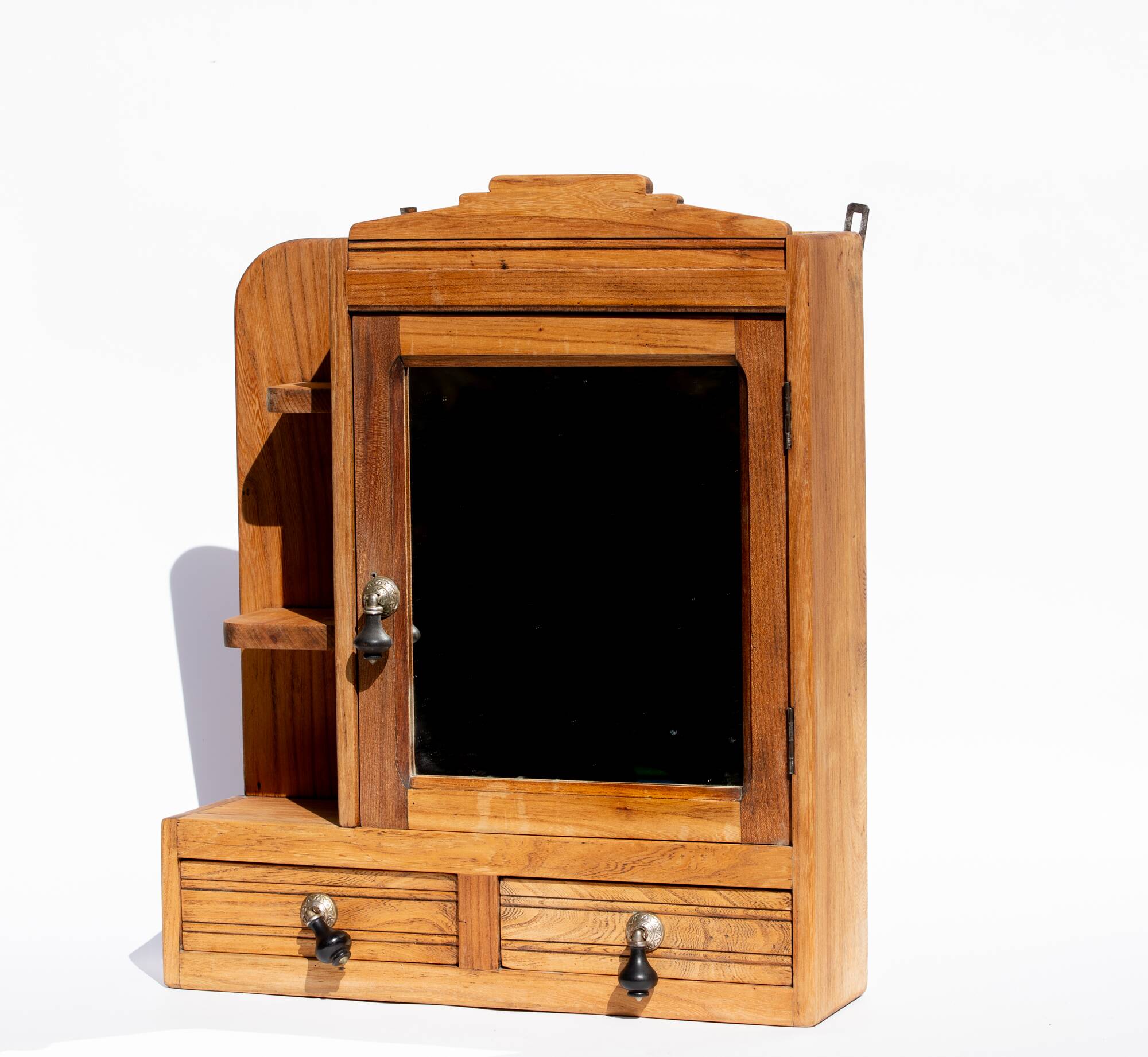 Étagère murale Art déco en bois de noyer avec miroir et tiroirs, rénovée