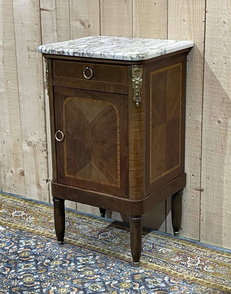 Bedside table in marquetry and white marble top, early 20th century