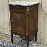 Bedside table in marquetry and white marble top, early 20th century