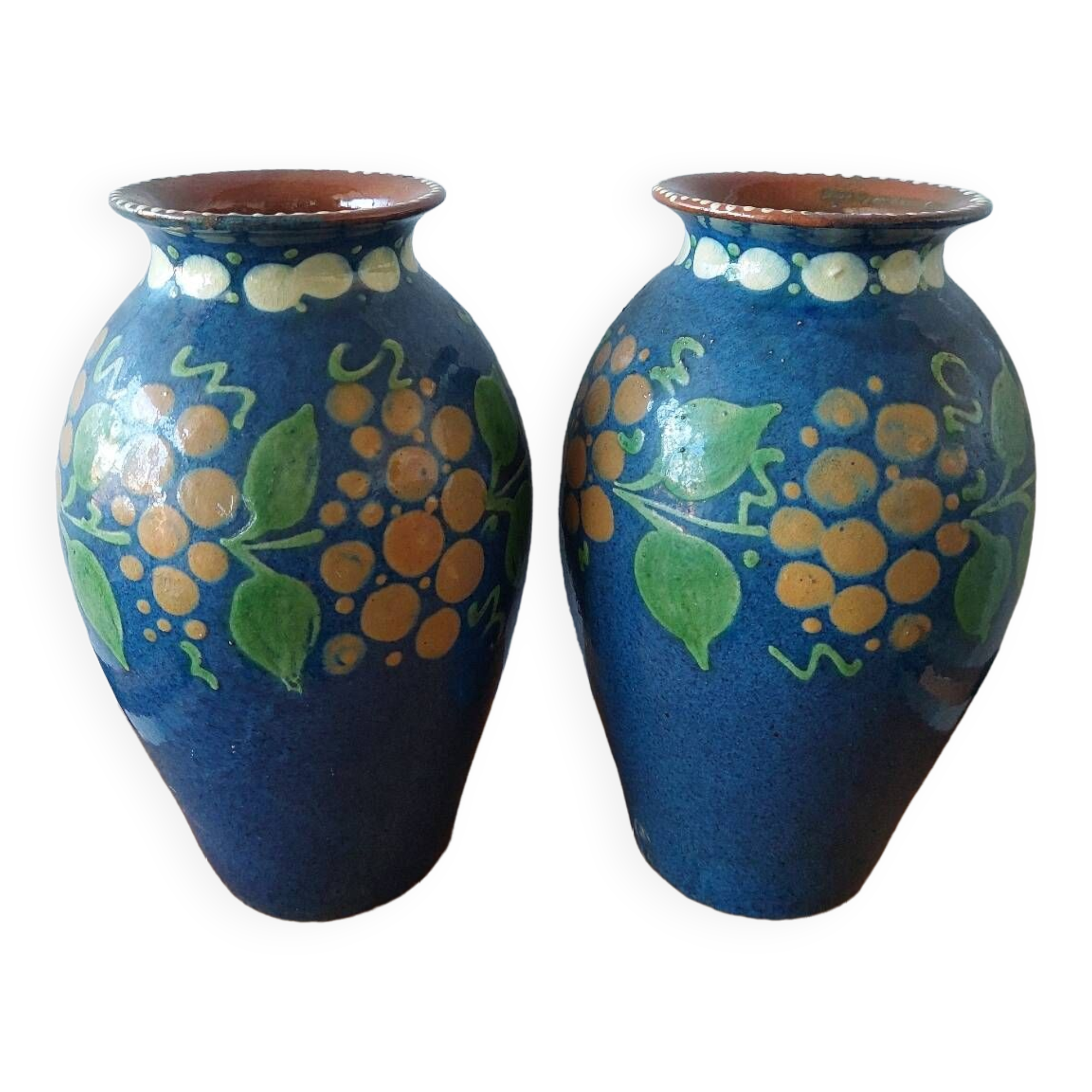 Pair of Primavera vases in blue ceramic with plant decoration 1920-1930