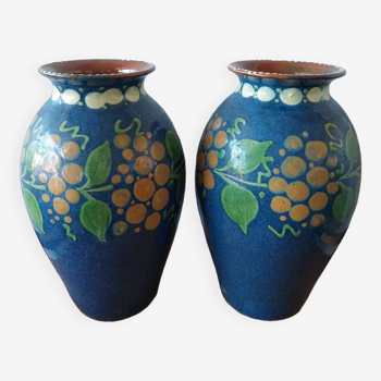 Pair of Primavera vases in blue ceramic with plant decoration 1920 1930