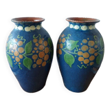 Pair of Primavera vases in blue ceramic with plant decoration 1920-1930