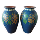 Pair of Primavera vases in blue ceramic with plant decoration 1920-1930