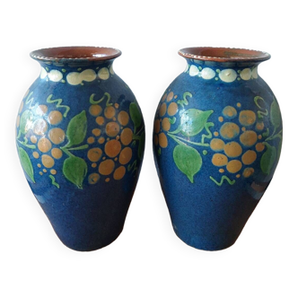 Pair of Primavera vases in blue ceramic with plant decoration 1920 1930