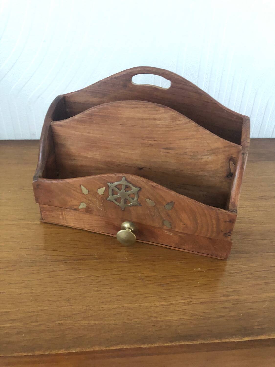 Mail holder / letter holder in vintage wood and brass
