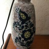 Pied de lampe en grès décor floral bleu nuit