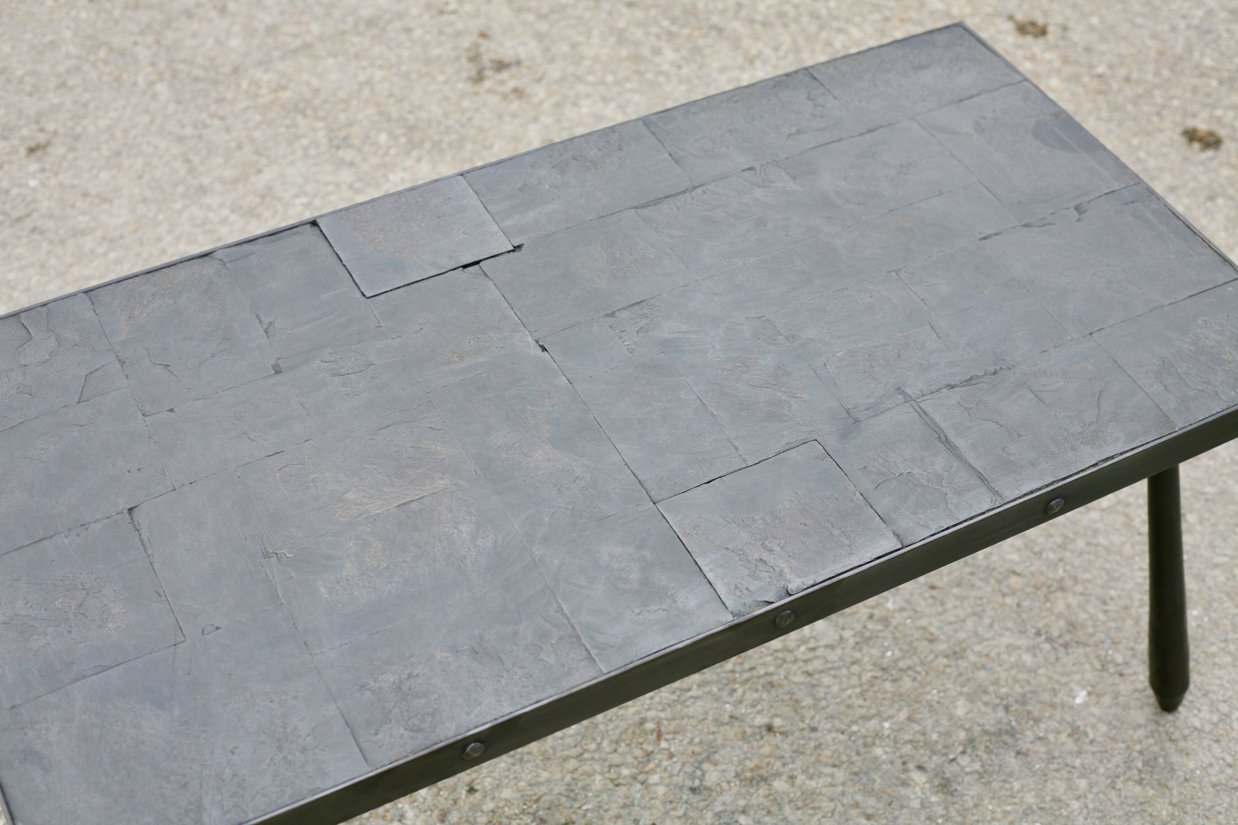 Brutalist coffee table, slate top and steel base, France, 1960s