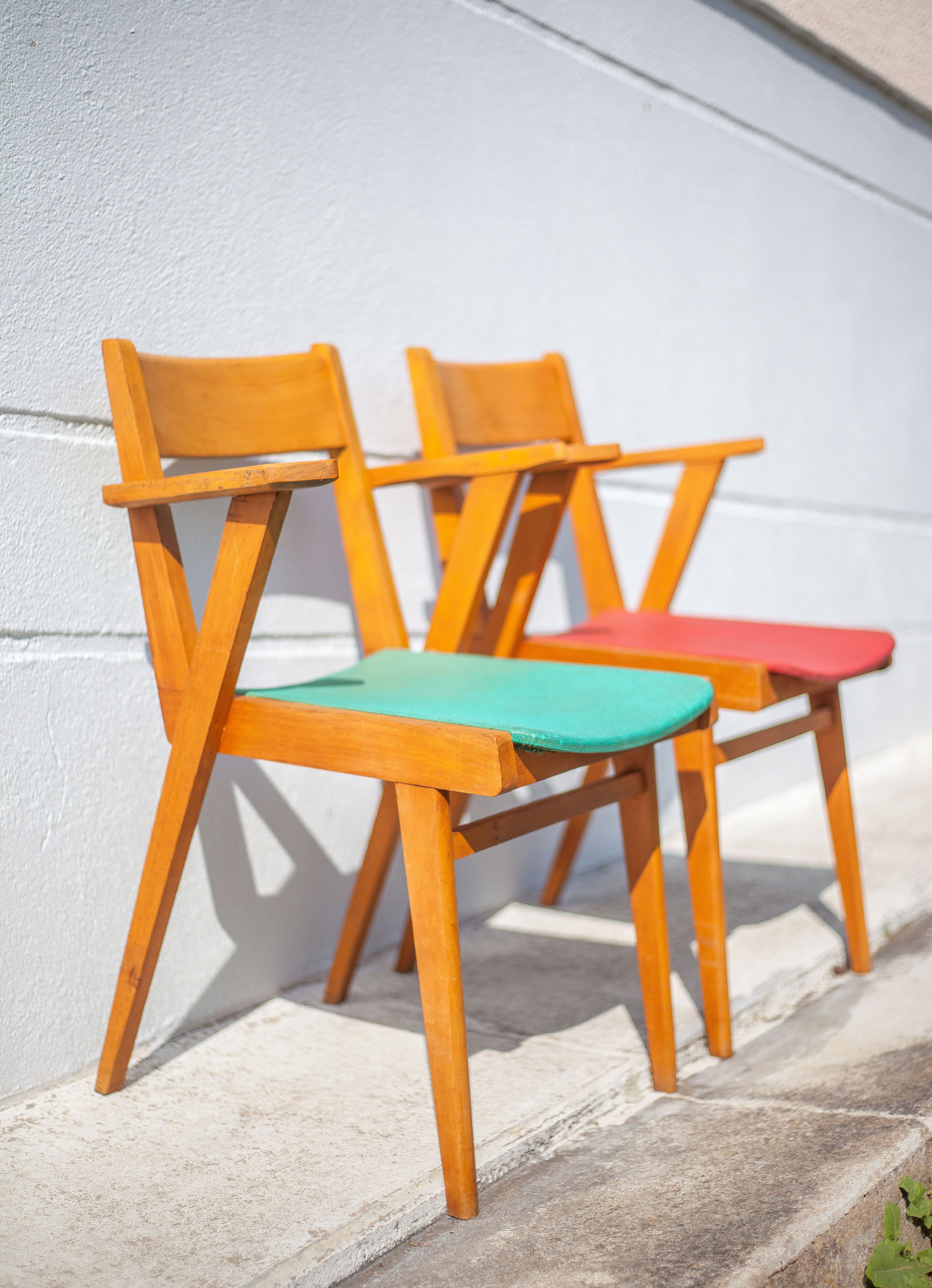Pair of wooden and skai chairs from the 50s, vintage chairs, chair with armrests, retro