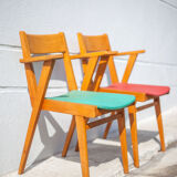 Pair of wooden and skai chairs from the 50s, vintage chairs, chair with armrests, retro