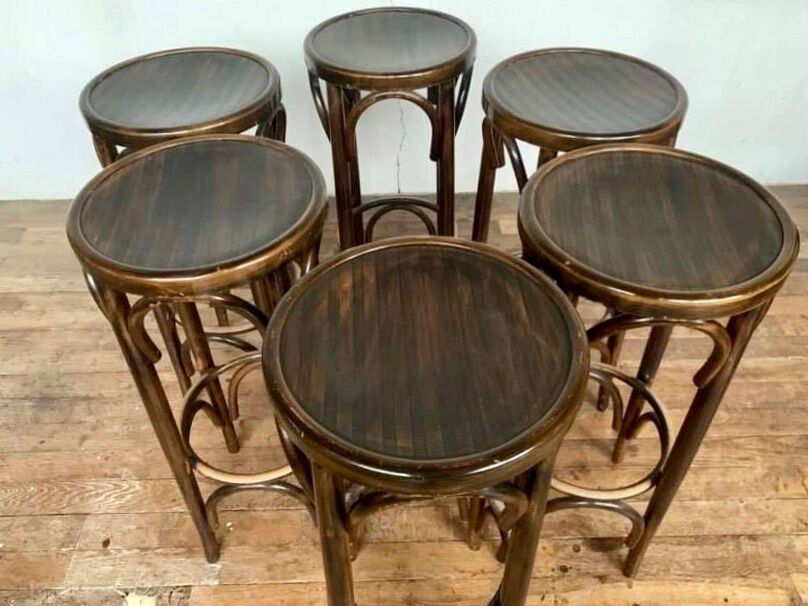 Series of 6 bar stools in curved wood