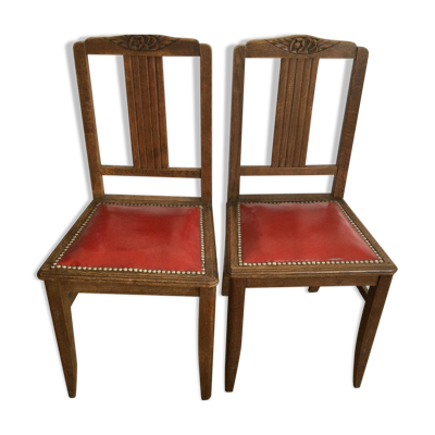 2 chaises vintage en bois et simili cuir rouge