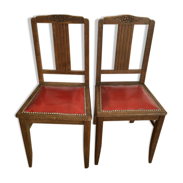 2 chaises vintage en bois et simili cuir rouge