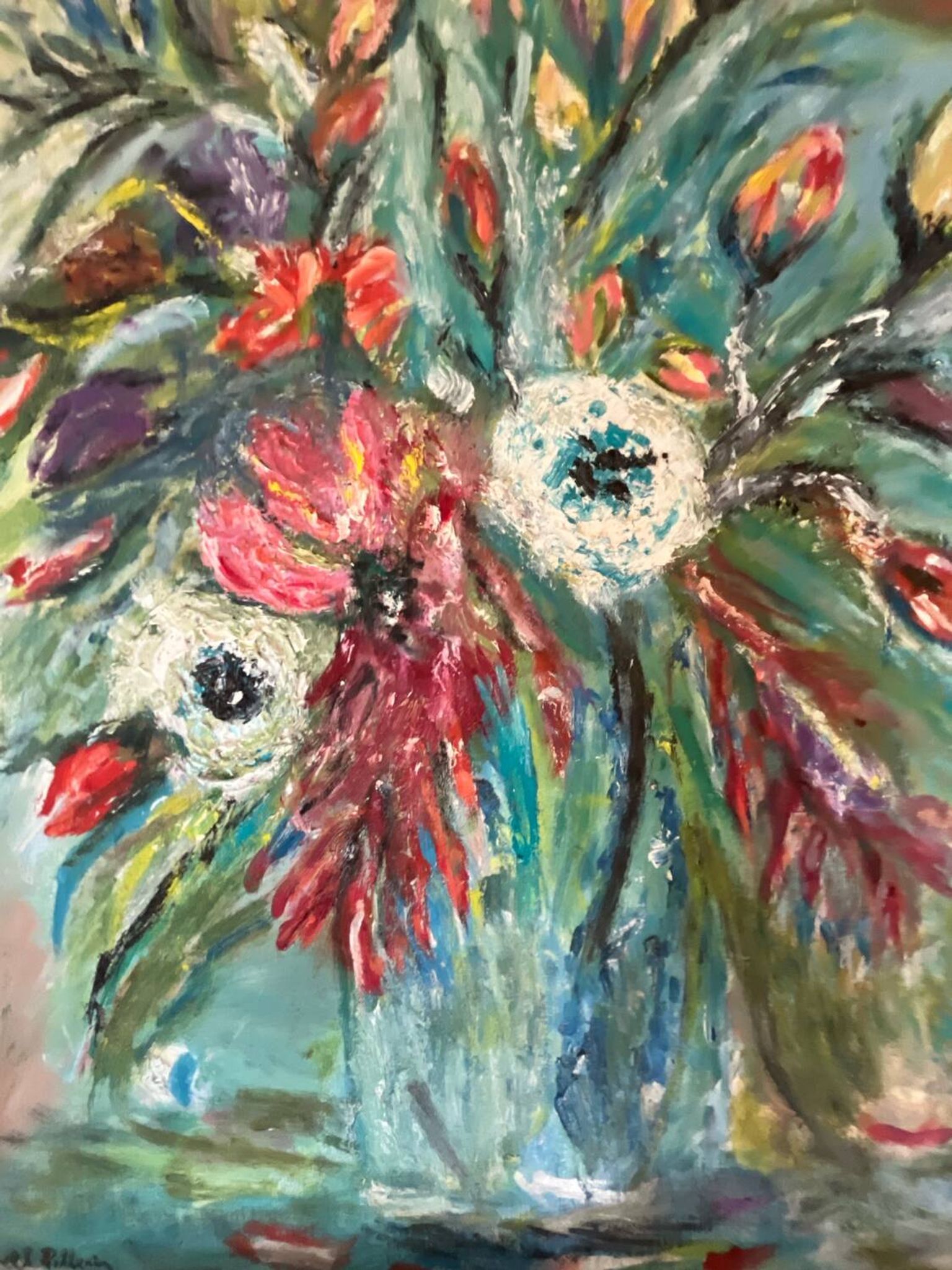 Tableau, huile sur carton "Bouquet"