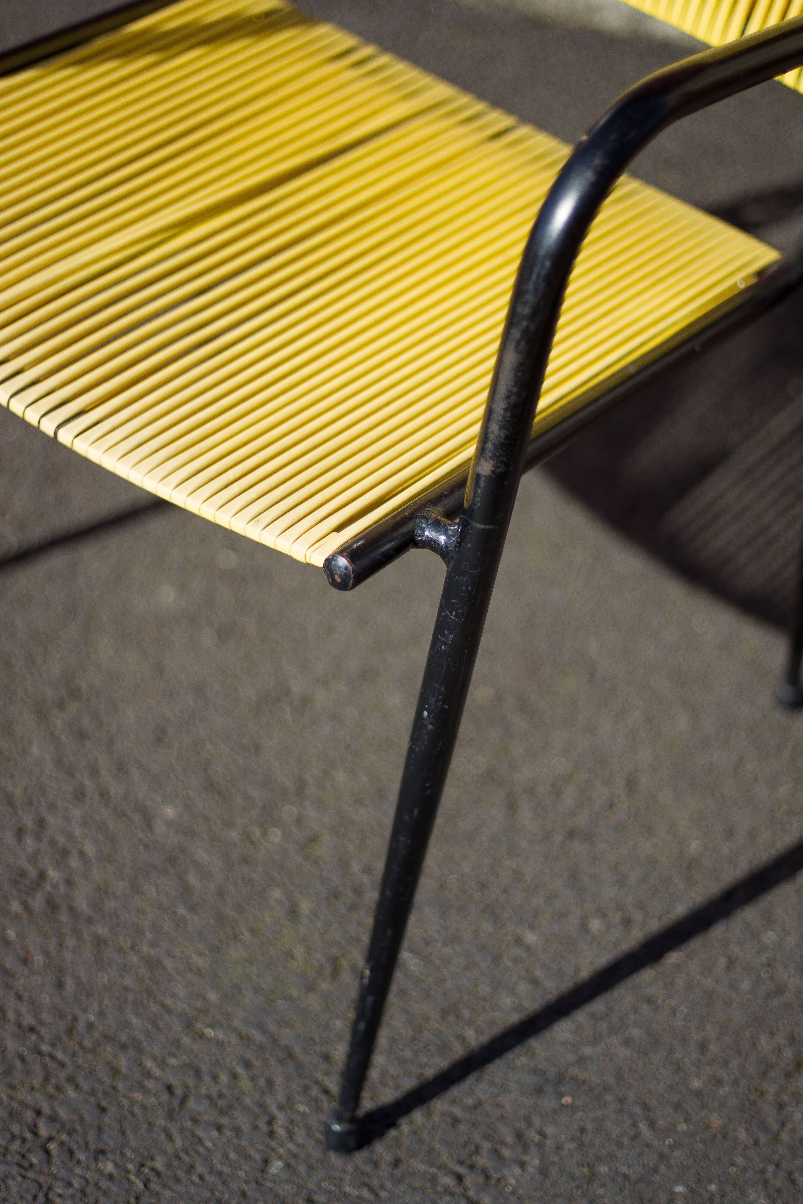 Scoubidou armchair, black metal armchair and yellow plastic wires, vintage chair