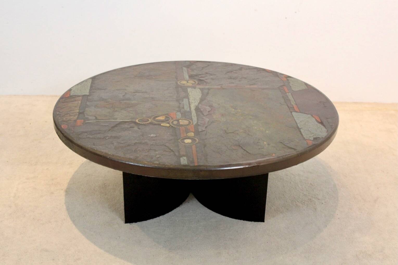 Brutalist Paul Kingma One-Off Slate, Ceramic and Brass Artwork Coffee Table, Signed