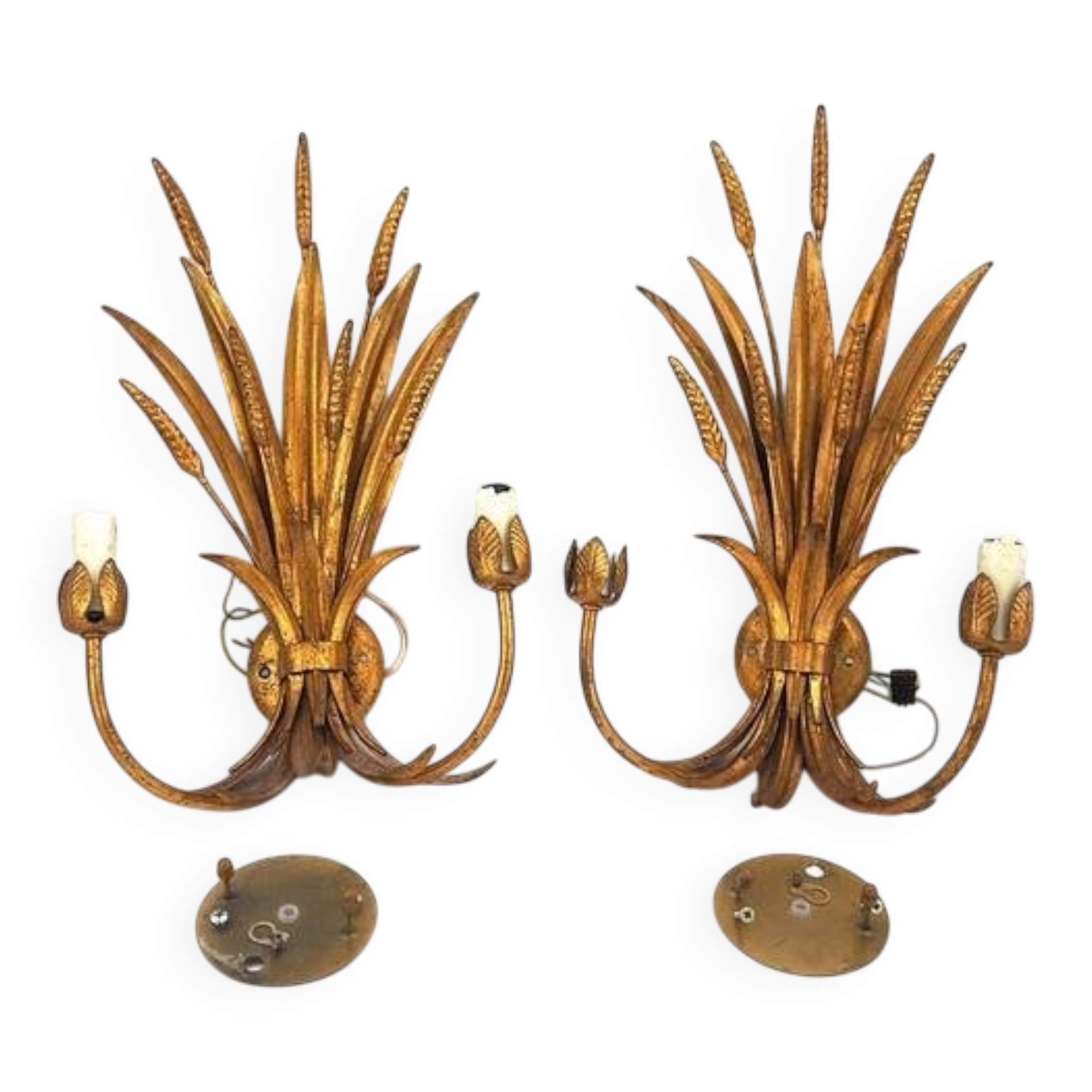 Beautiful pair of wall lights, gold metal, wheat ears, vintage, 48 cm, excellent condition.