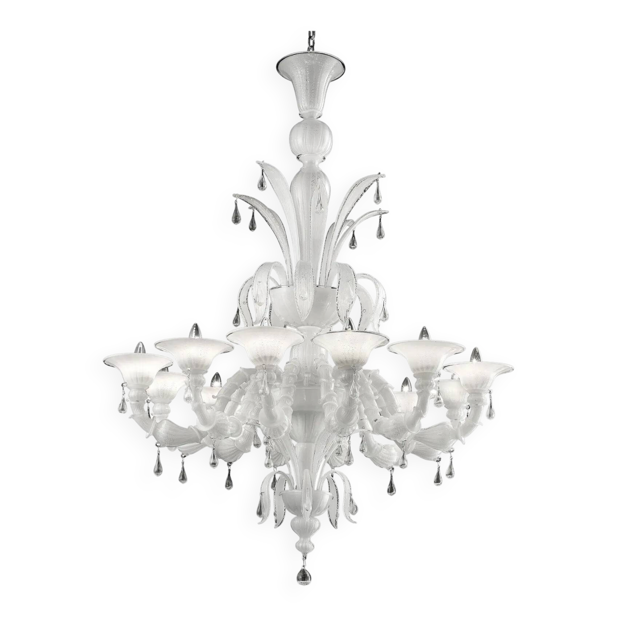 White Venetian “Ca’ Rezzonico” Murano Glass Chandelier with Clear Glass