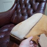 Worn Leather Buttoned Library Fireside Armchair, 1840's
