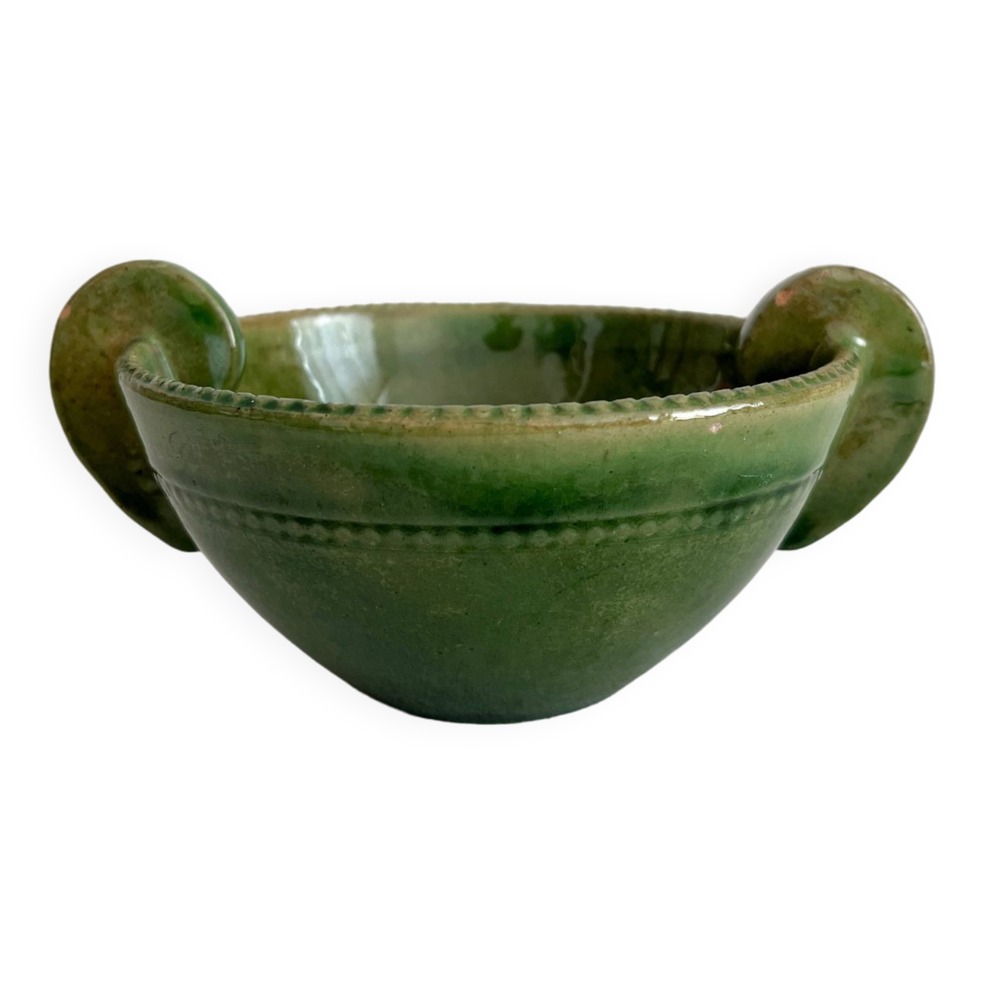 Antique green glazed ceramic bowl with handles, Tamegroute type