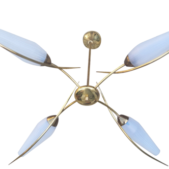 4-light pendant light, brass and opaline, Maison Lunel, Paris, vintage 1950s