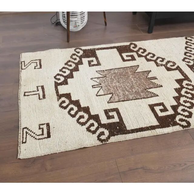 1970s Vintage Turkish Hand-Knotted Wool Cotton Beige Runner Rug 94x316