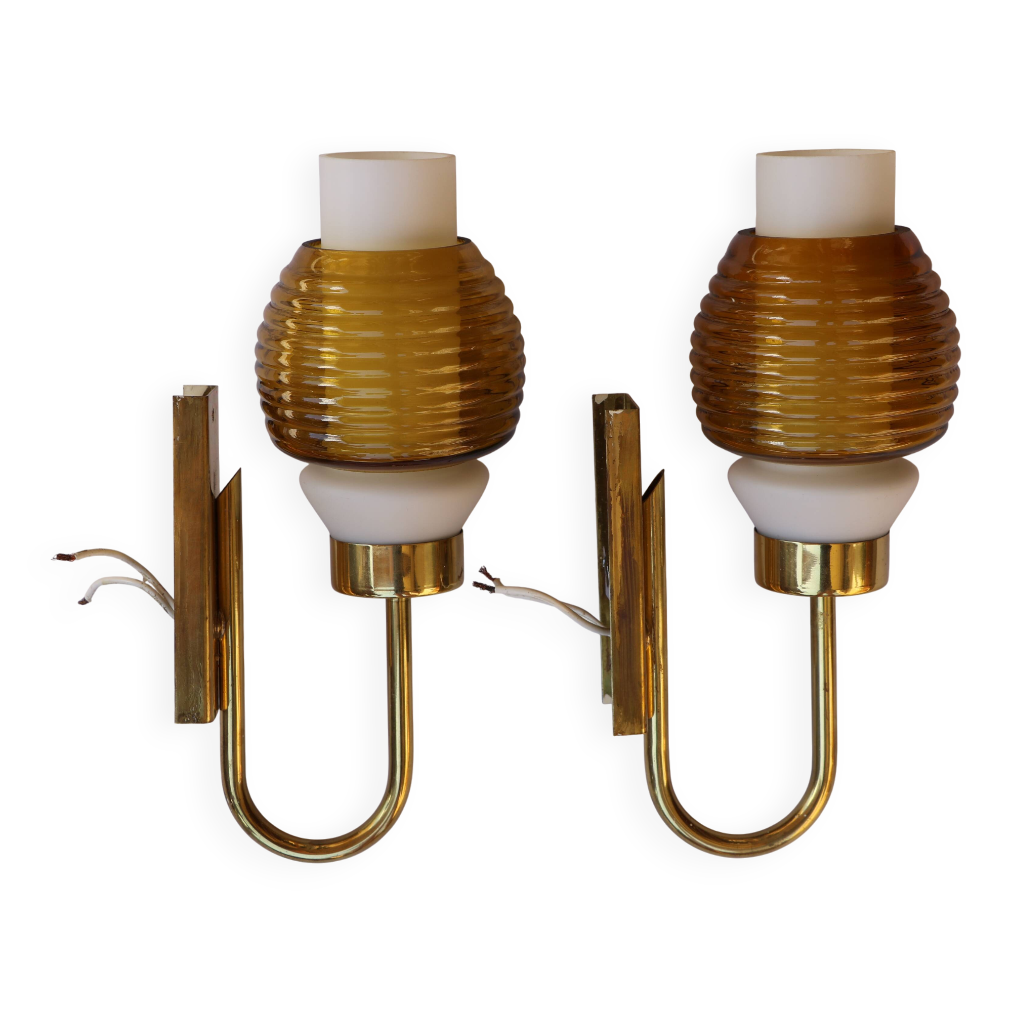 Pair of Scandinavian wall sconces, brass, opal glass and amber glass.
