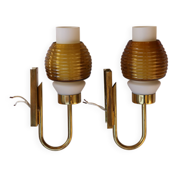 Pair of Scandinavian wall sconces, brass, opal glass and amber glass.