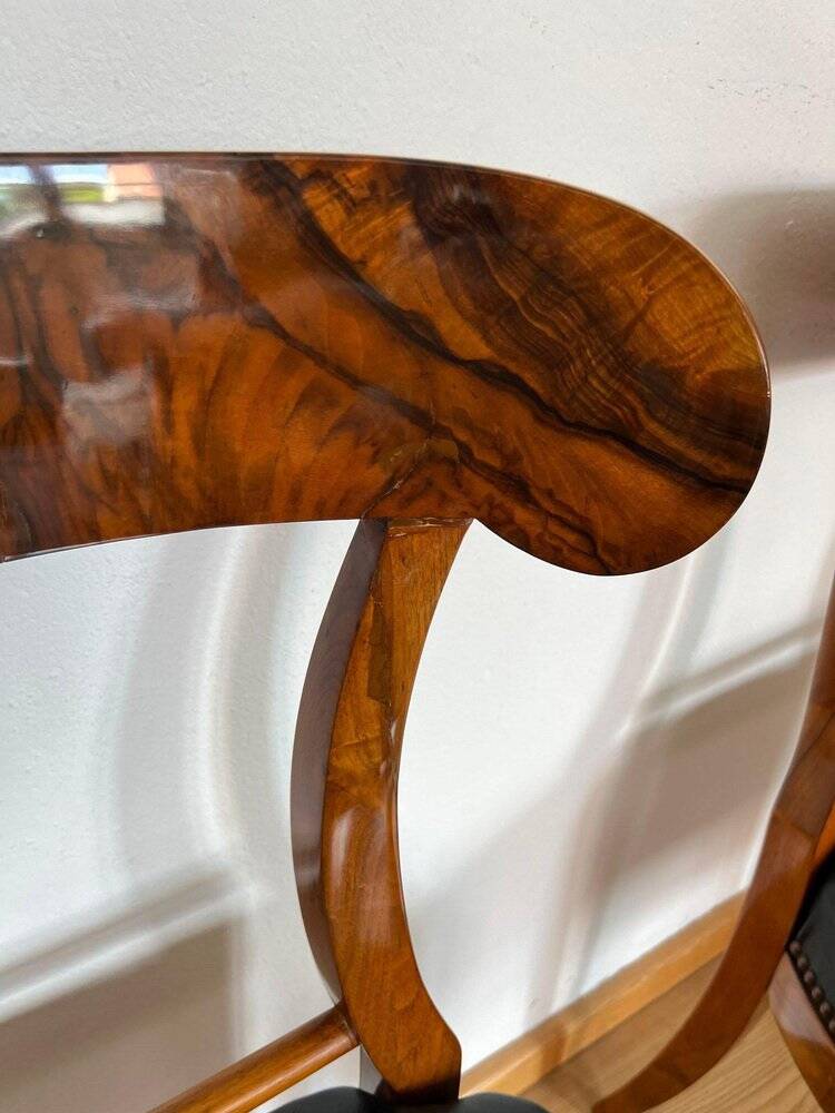 Set of Biedermeier Shovel Chairs in Walnut & Black Leather, Austria, 1820s