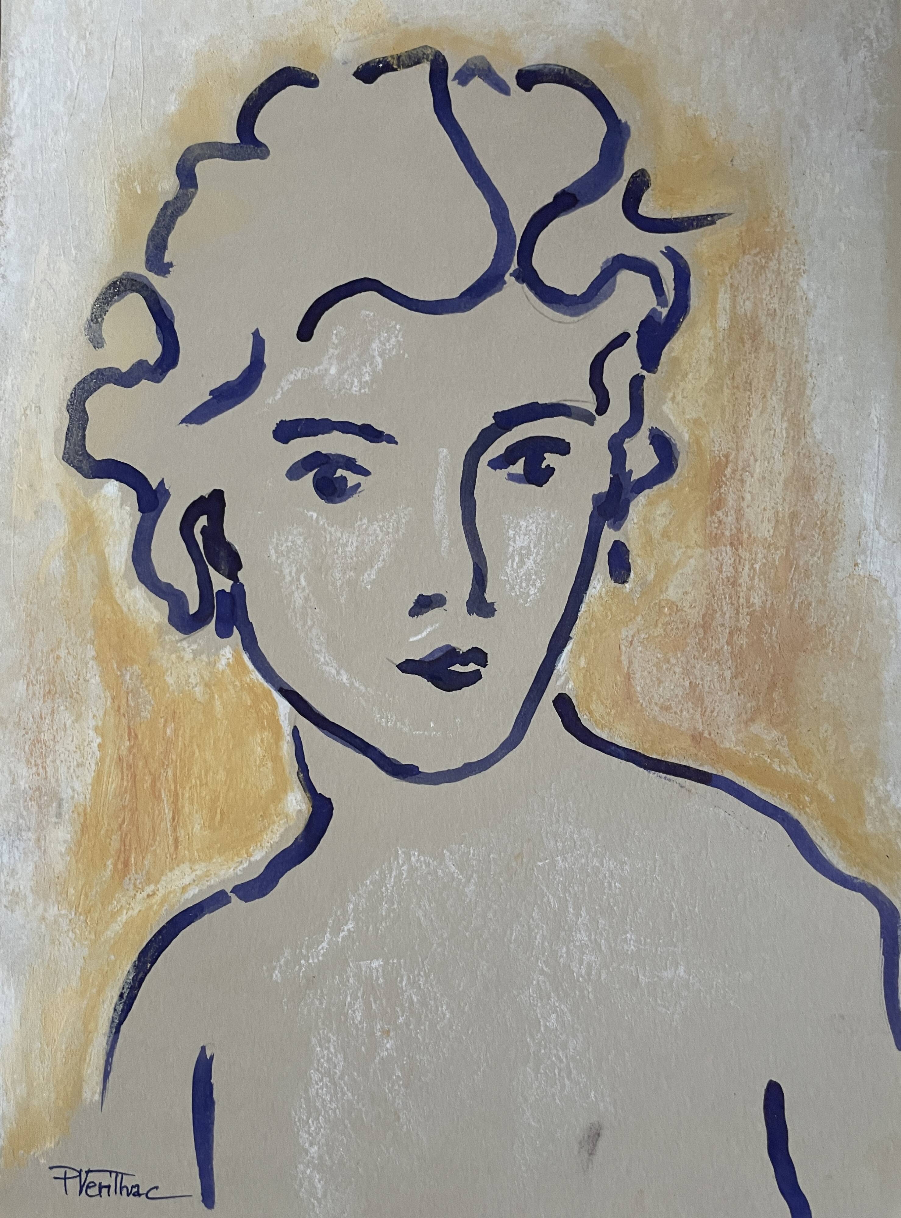 Painting signed Chinese ink and pastel female portrait “study”