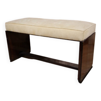 Banquette art déco en velours beige et bois de placage